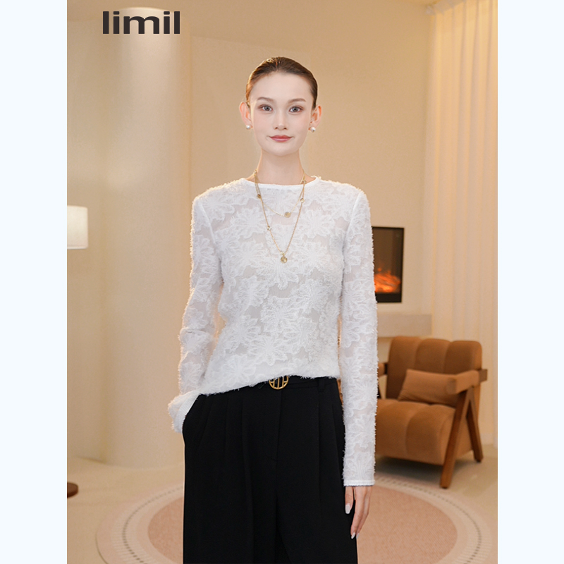 limil/丽米儿秋冬新款时尚长袖T恤新款蕾丝提花衬衫上衣930004