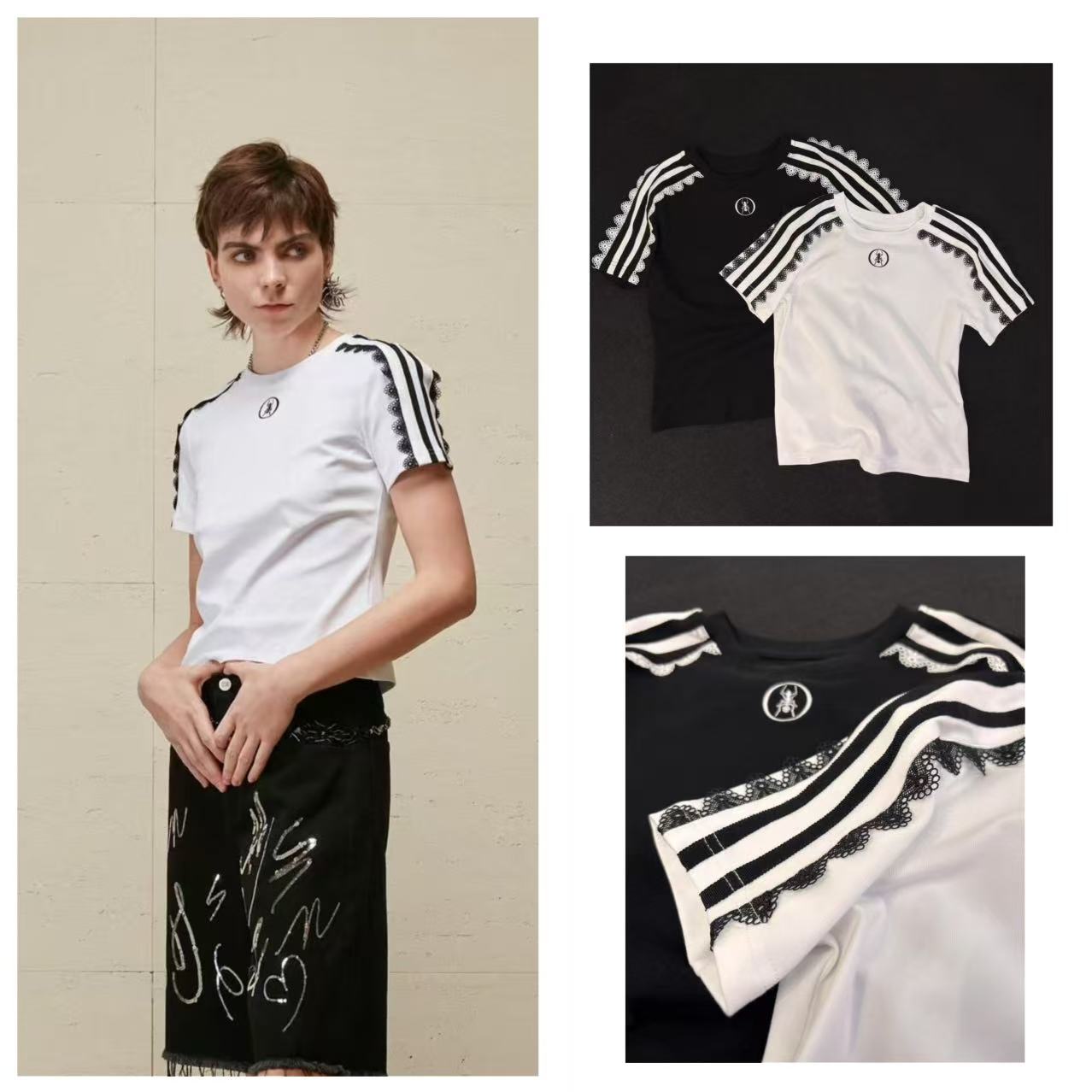 NONHUMAN经典拼花边ins短袖夏季黑色百搭休闲