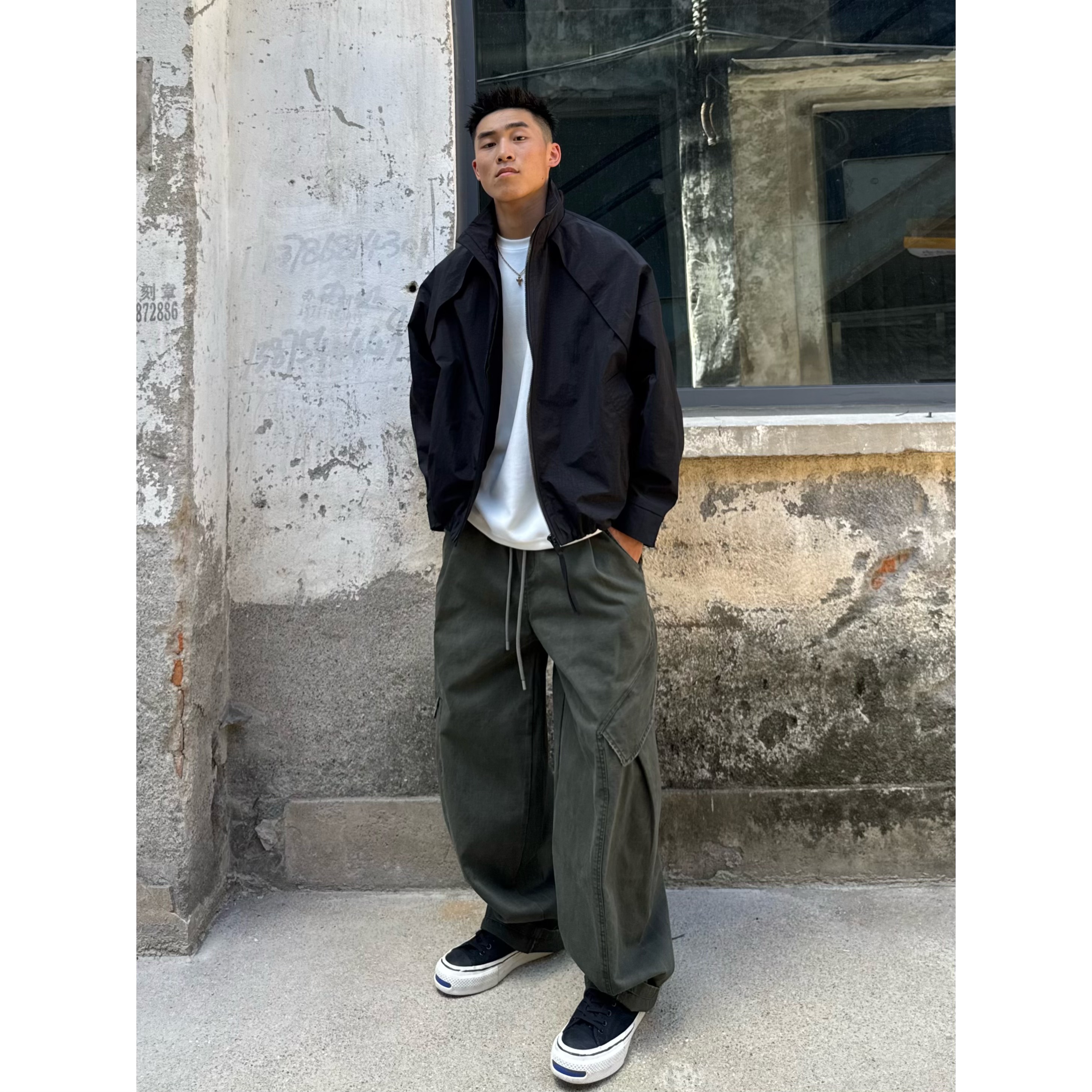 SFANG 秋冬季加厚硬挺重磅洗水磨破工装日系直筒大口袋长裤裤子