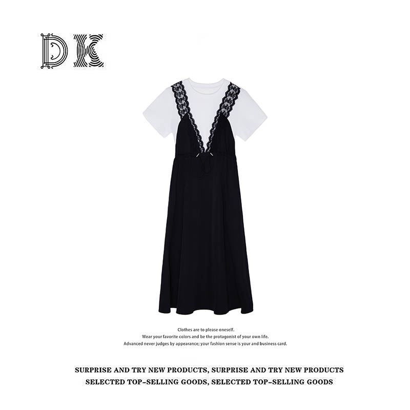 DK 2025夏季女装 撞色拼接松紧收腰假两件圆领短袖连衣裙 30678