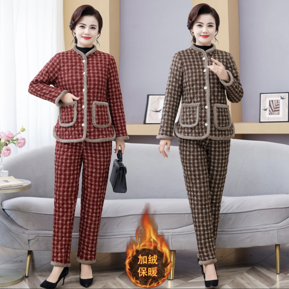 秋冬加绒加厚中老年妈妈装棉衣棉裤套装外穿时尚大码气质妈妈装