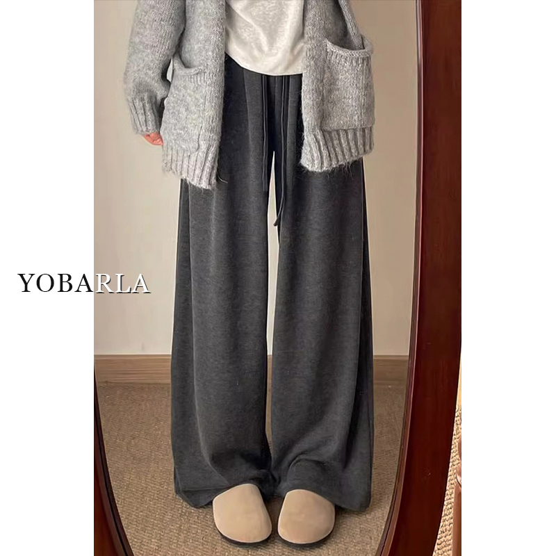 灰色糯米休闲裤女秋冬加绒胖mm大码宽松垂感梨形身材显瘦直筒裤子