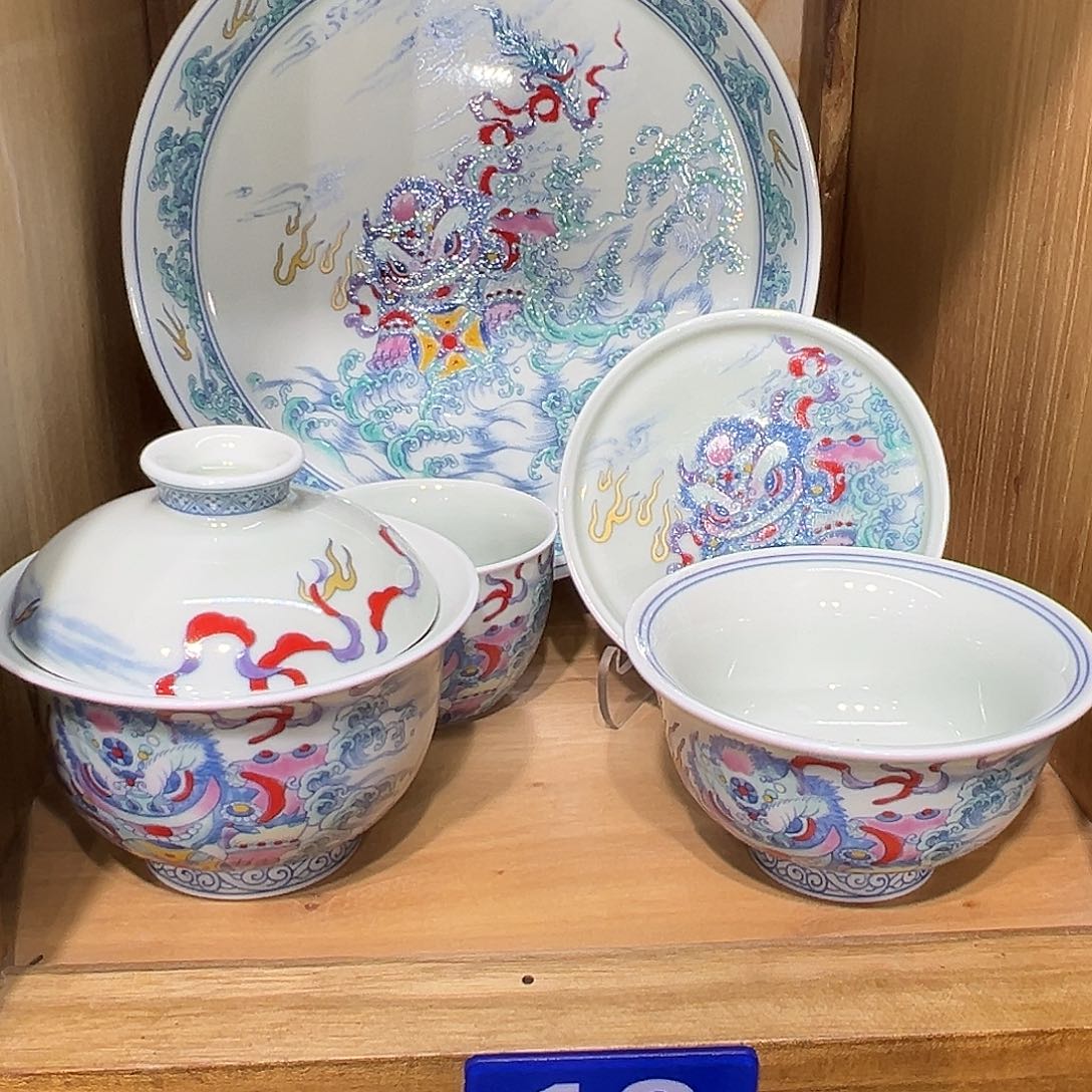 蒋***锅斗彩小唐狮5件套茶具
