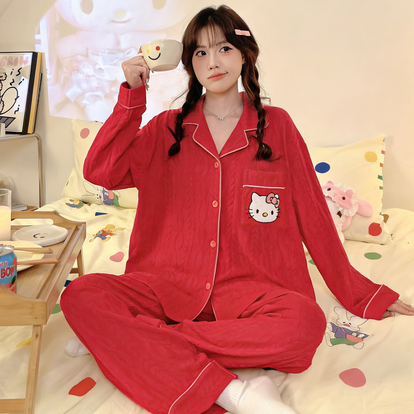 bejirog/北极绒大码纯棉翻领开衫款少女睡衣秋季卡通可外穿家居服