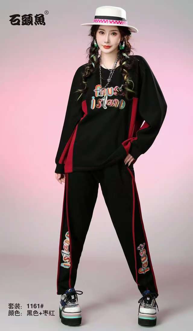 SHITOUYU/石头鱼大码通勤印花简约运动宽松时尚休闲显瘦女士套装