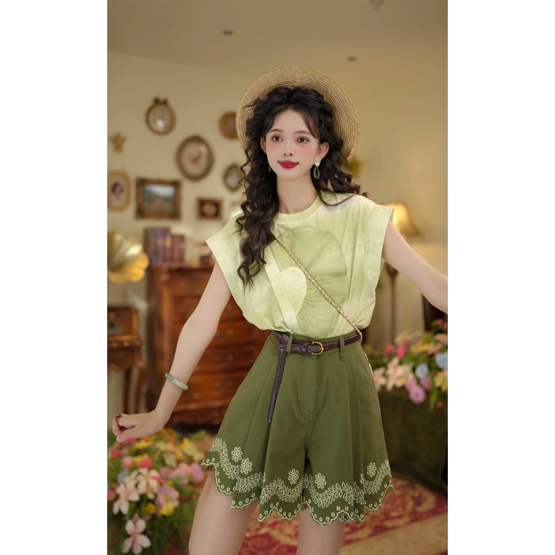 扣子家【流光翡翠】港风复古夏季晕染T恤圆领短袖休闲上衣KK0725541