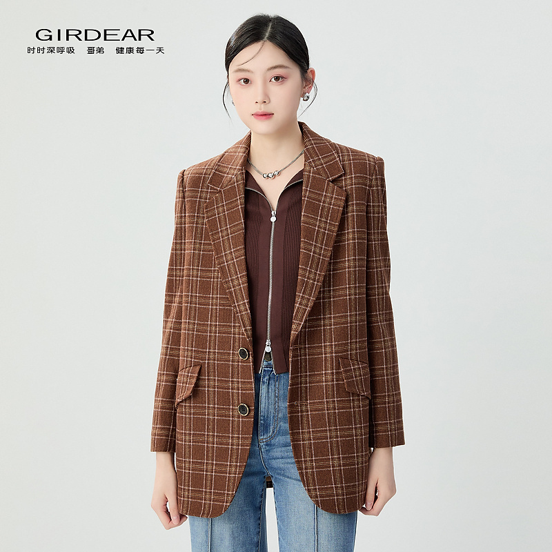 哥弟品质女装秋冬新款时尚宽肩造型阔版绵羊毛格子大西装1400800