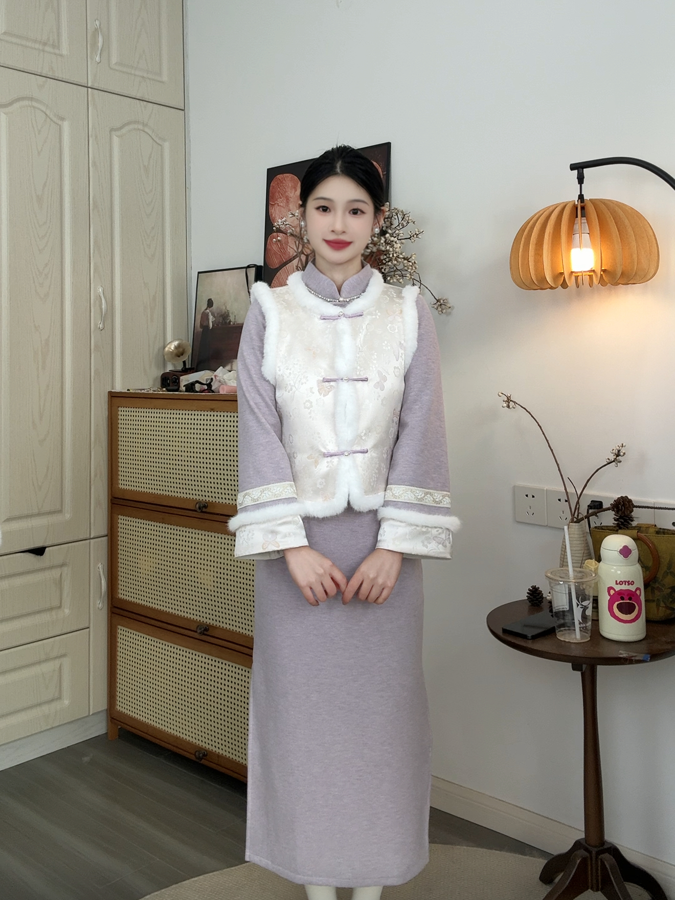 【紫霞】新中式马甲连衣裙两件套加绒加厚年轻少女改良旗袍冬季