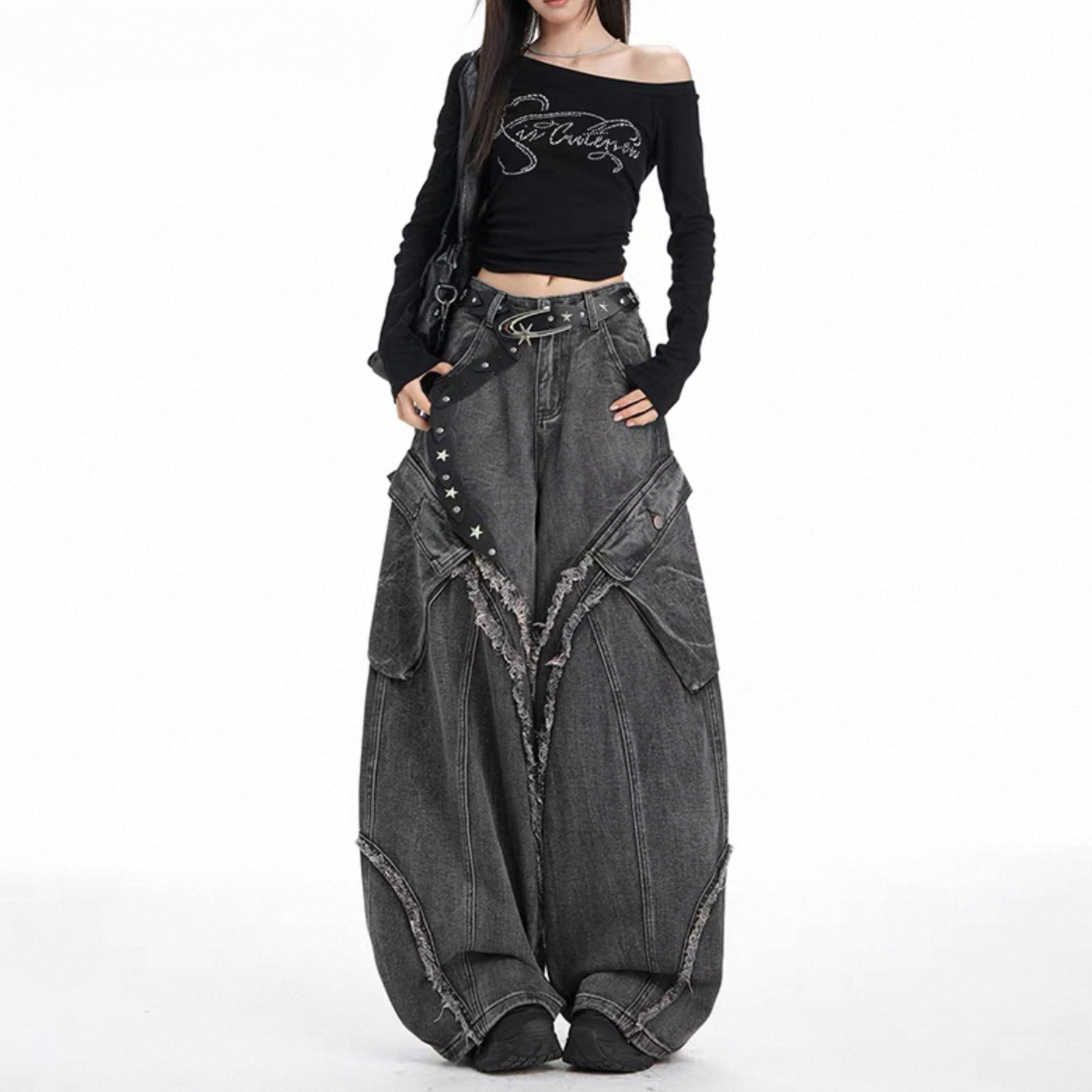 美式复古水洗做旧毛边弯刀牛仔裤男女宽松廓形阔腿裤子潮vibe