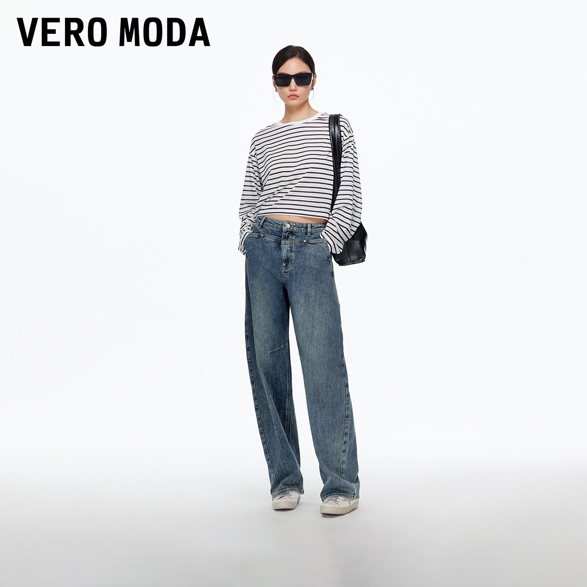 Vero Moda牛仔裤女2025秋冬新款含棉做旧水高腰弯裤325432009
