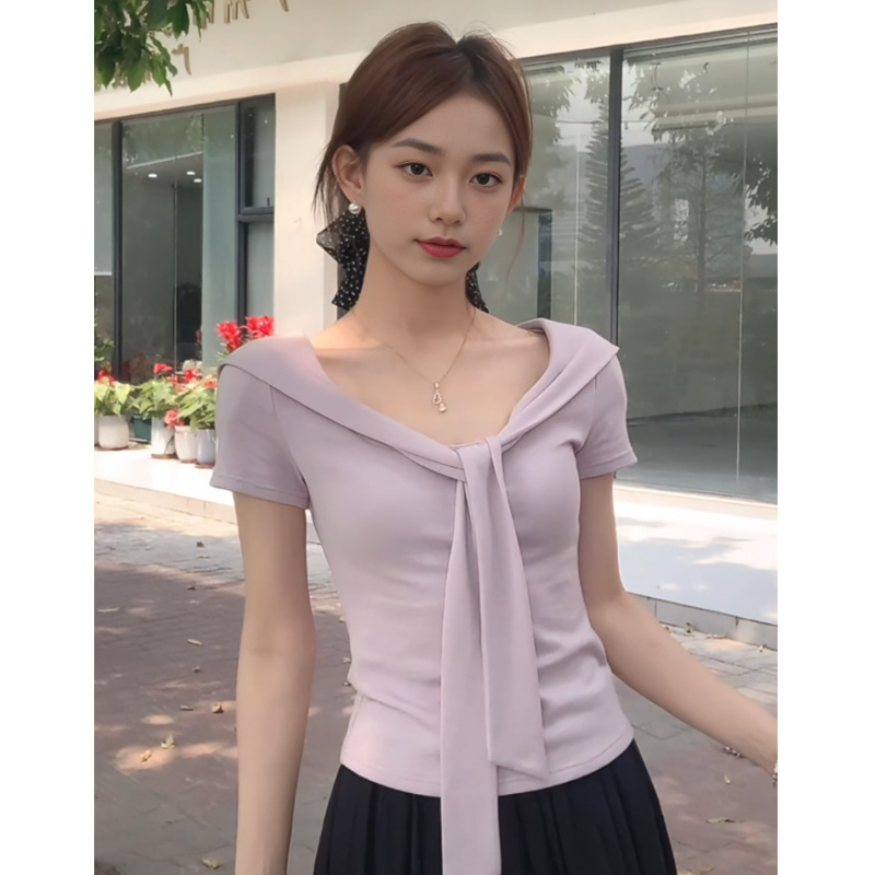 【8645】大码女装胖mm正肩v领收腰短袖T恤百搭修身显瘦短款上衣