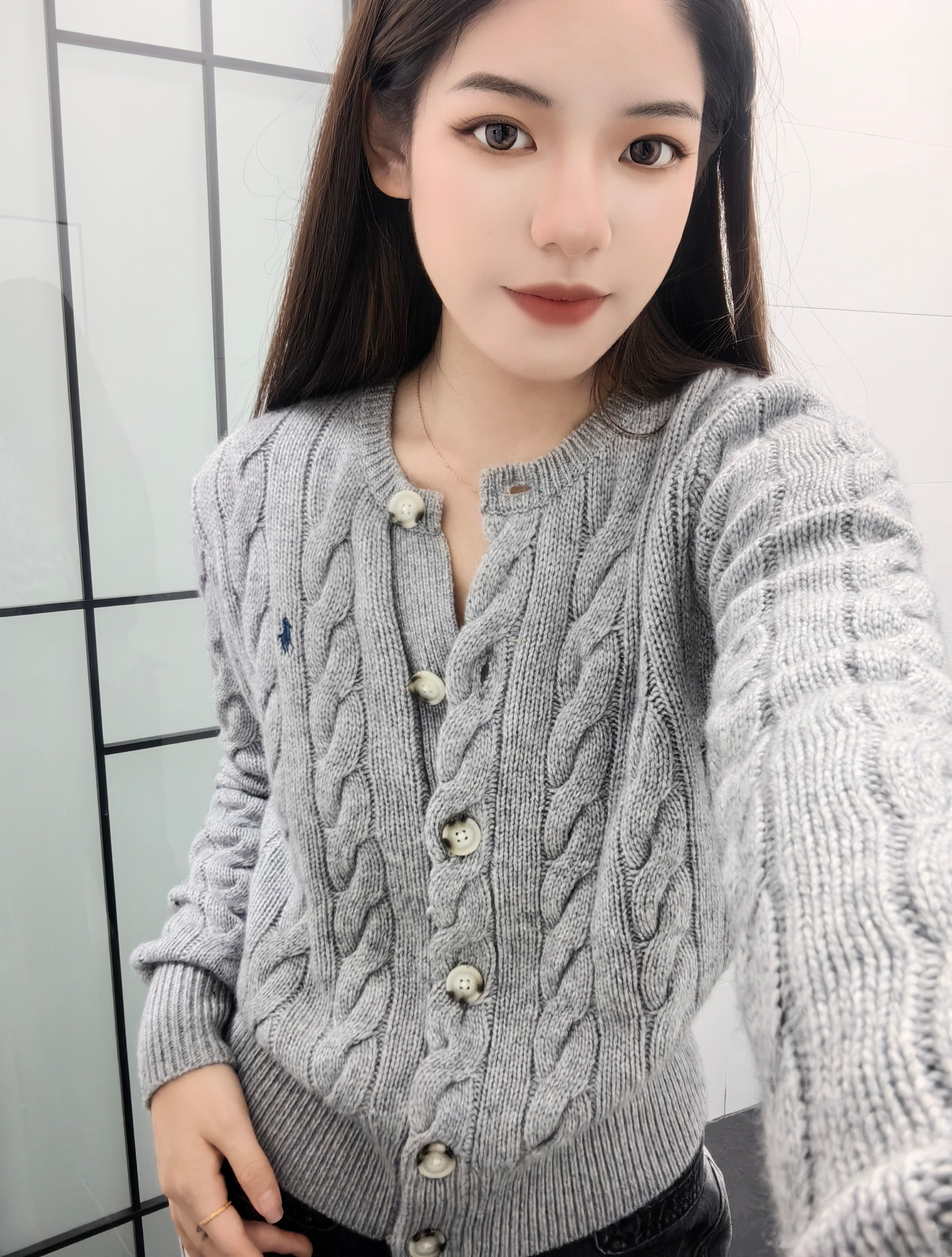 拉夫家百搭刺绣小马标羊毛针织开衫女圆领厚款外套秋冬羊针织开衫