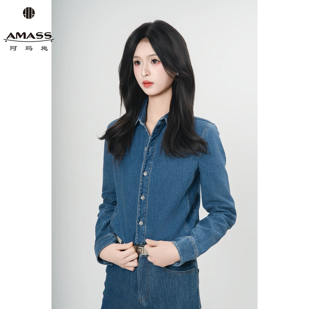 AMASS/阿玛施春夏新款时尚复古休闲长袖蓝色牛仔上衣衬衫女530017