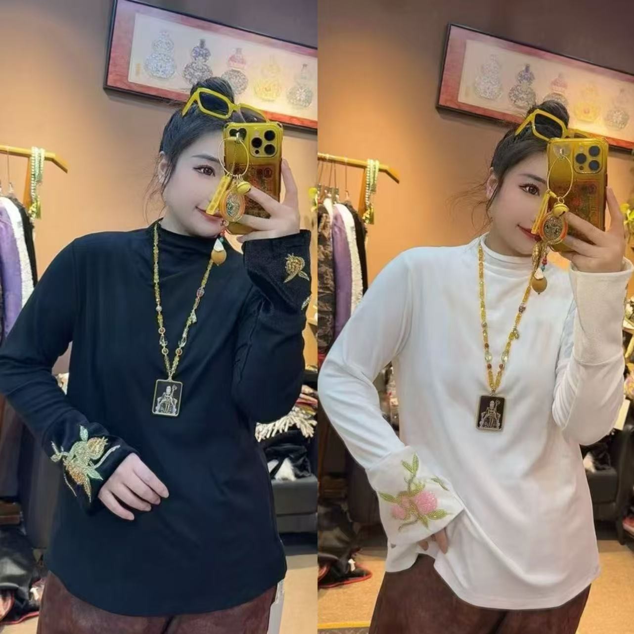 上新价～99056南油高定重工刺绣马蹄袖高领衫百搭显瘦大码打底衫