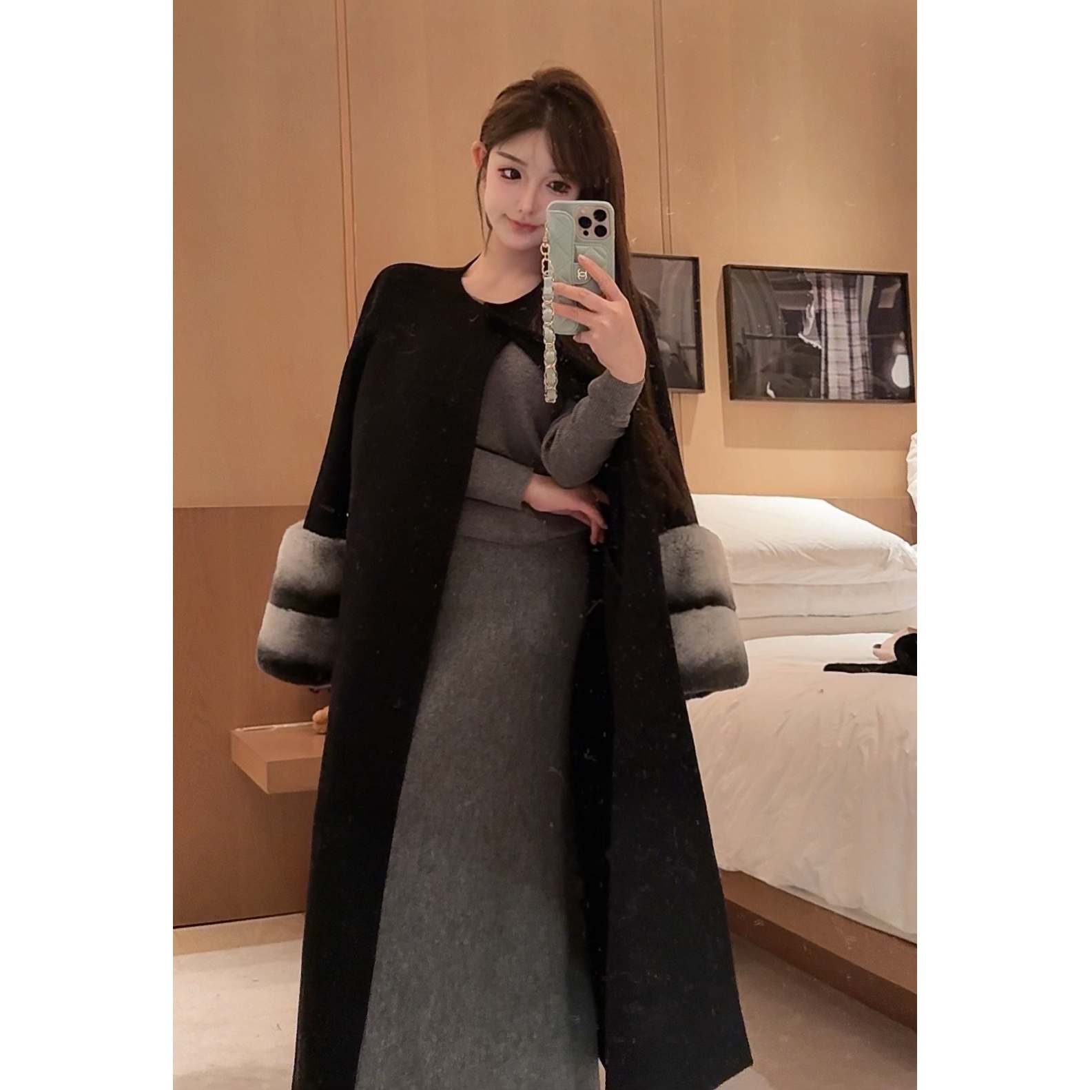 GUIDI GUDI【贵妃醉酒】羊毛双面气质贵妇长款龙猫袖外套 W9442320H