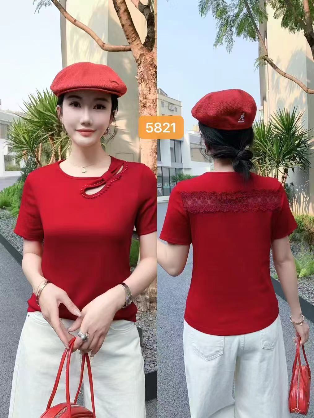 圆领红色纯色T恤夏季拼接女士时尚洋气千金风短袖镂空显瘦透气