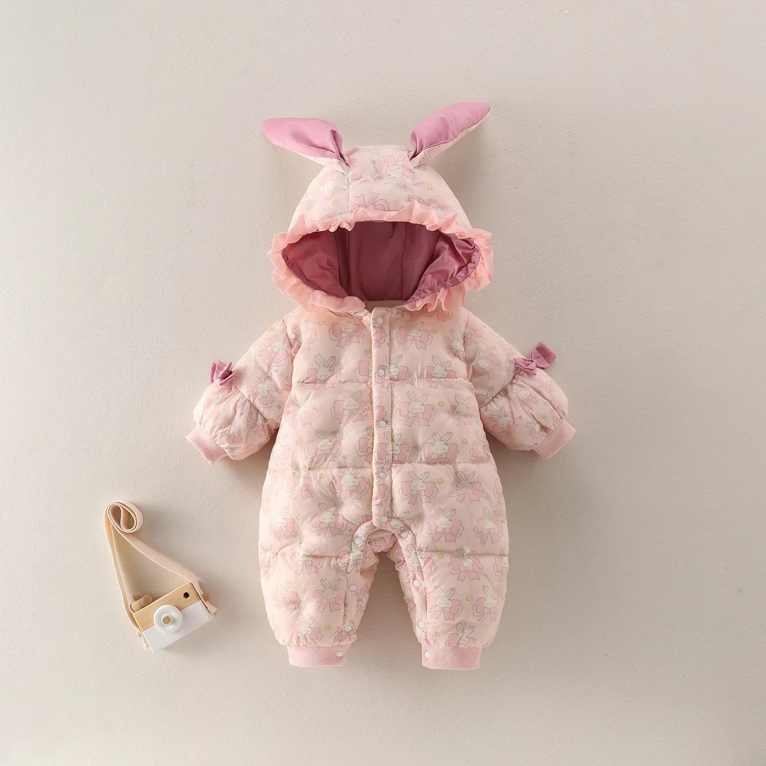 婴幼儿女宝宝冬季加绒加厚棉服连体衣小兔子可爱外出服连帽子