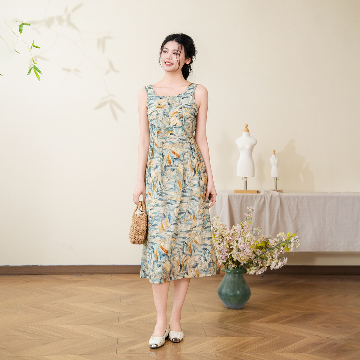 布符2025年夏季新品宽肩吊带连衣裙显瘦女装禅意仙气飘飘MXWXLY2