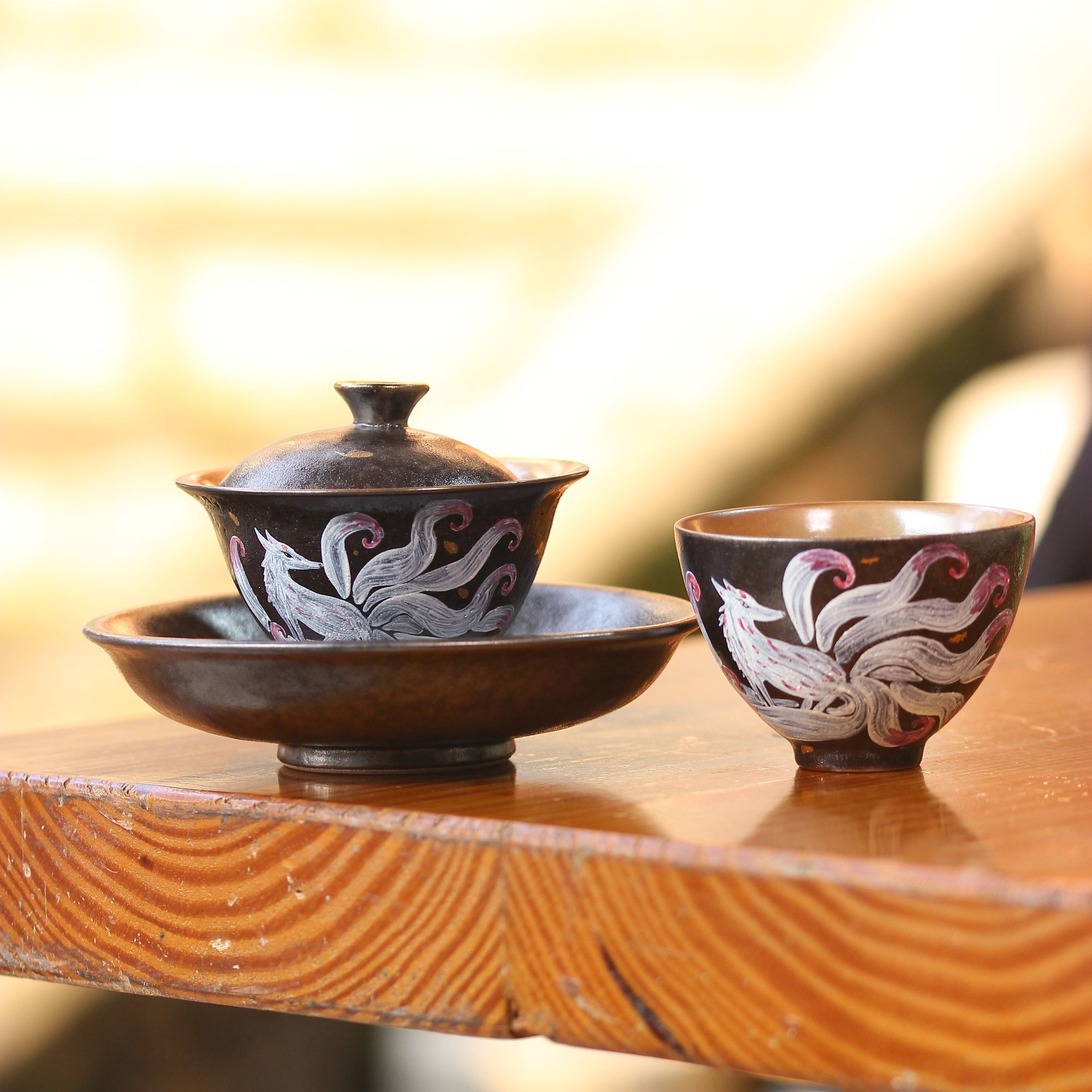 亘古茶具柴烧陶一丁九尾盖碗茶道茶器泡茶壶承主人杯三件套分茶器
