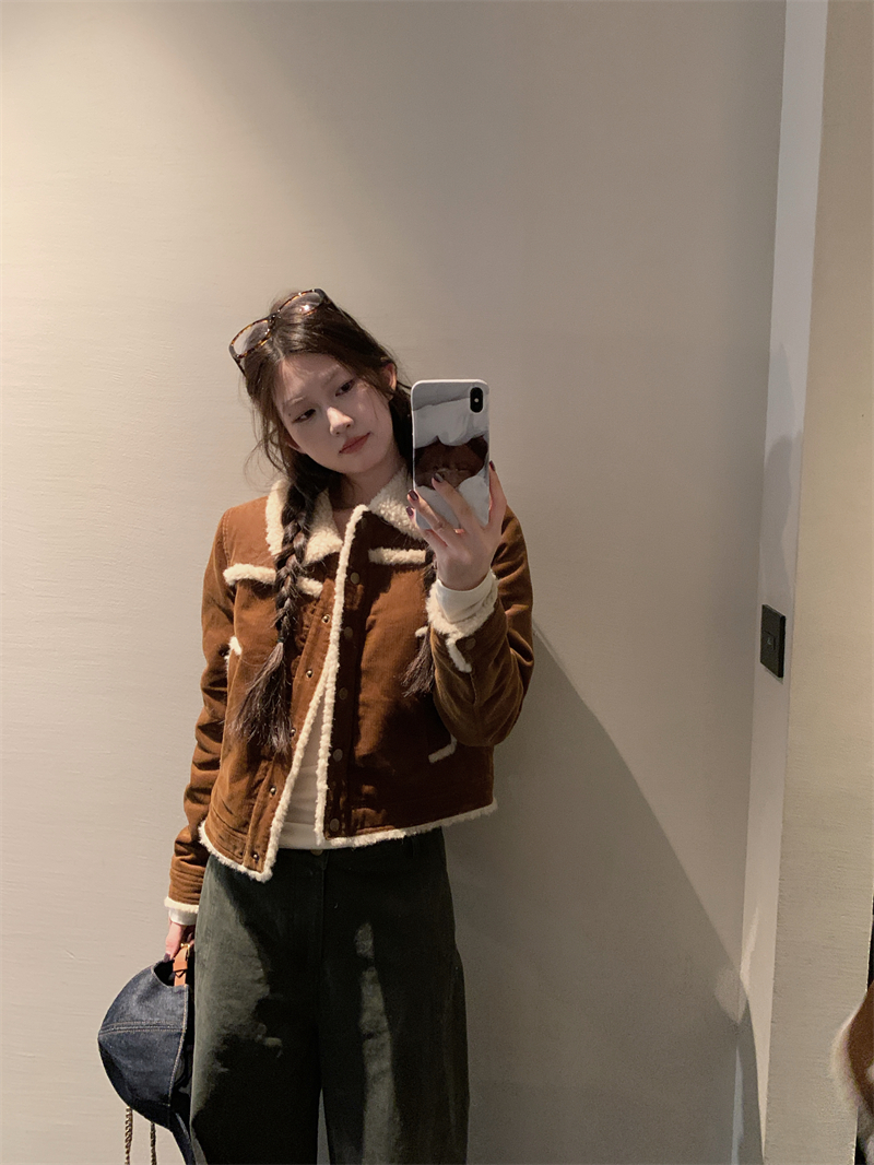 【OPENING自制】焦糖板栗 翻领灯芯绒拼接毛绒短外套