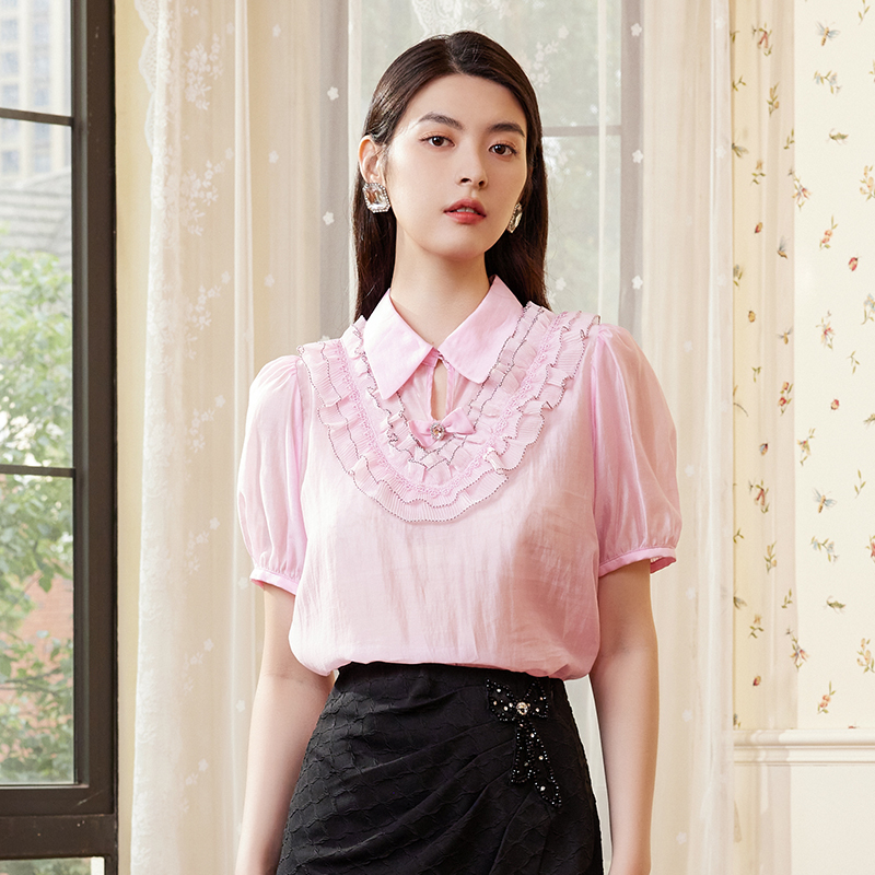 【老板娘夏天】FEXATA斐格思蕾丝衬衫甜美绣花娃娃领