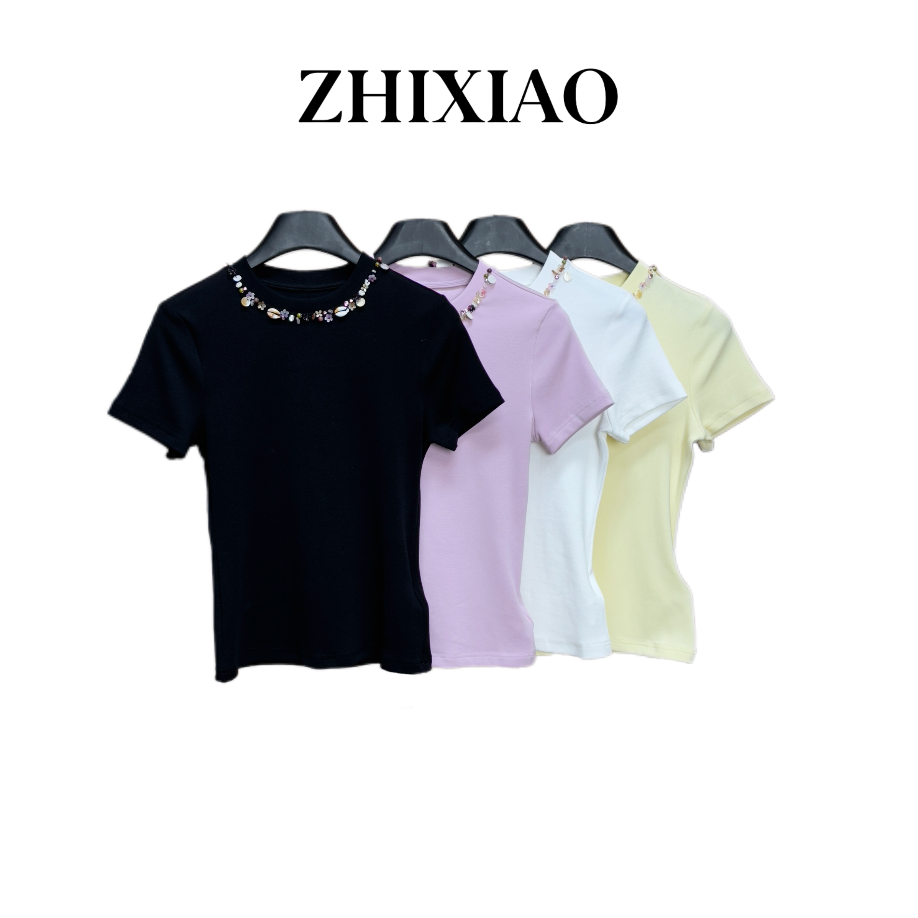 【ZHIXIAO】春季新款：圆领钉珠短袖81773