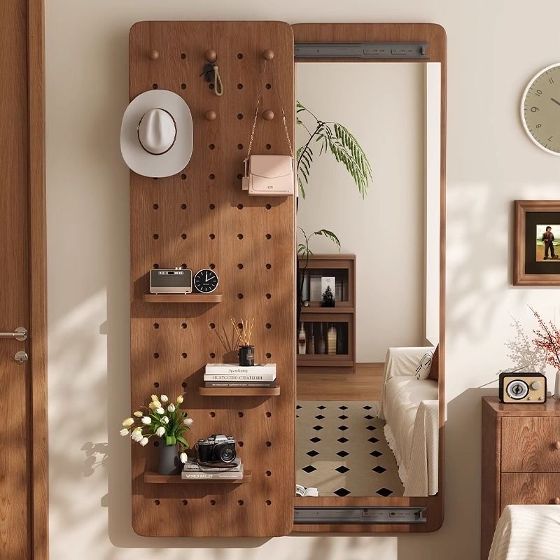 实木穿衣镜推拉关闭隐藏全身镜实木洞洞板玄关试衣镜实木简约