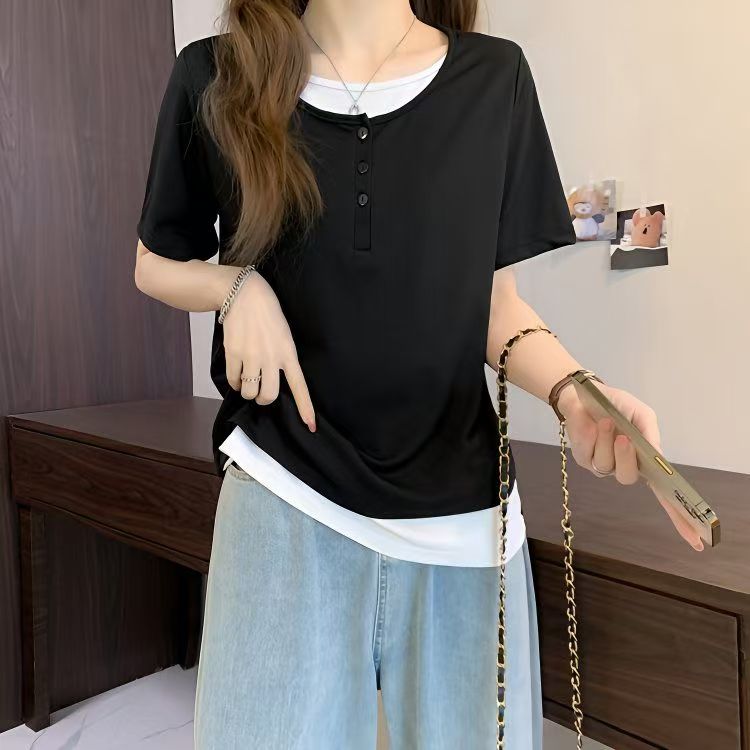 清-夏季假两件短袖T恤女夏季撞色显瘦大圆领螺纹休闲上衣25096