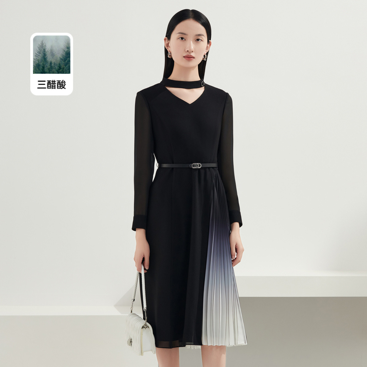 娜尔思春夏赫本风镂空设计渐变长袖百褶裙LF05879W0