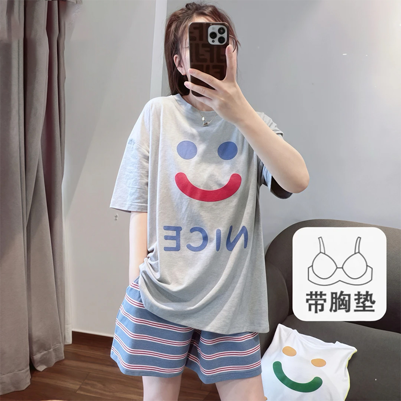 带胸垫可爱笑脸睡衣女夏季短袖短裤套装休闲宽松可外穿家居服套装