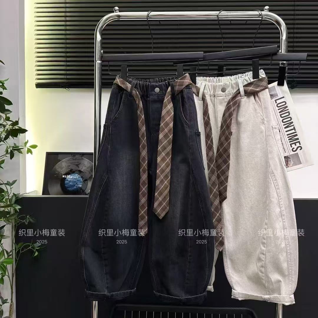 高定儿童裤子秋季2025新款爆款纯色百搭男童女大童休闲宽松弯刀裤