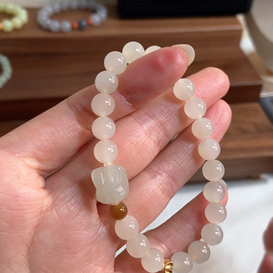 和田玉手链银S925镶嵌蜂蜜水8mm高冰底