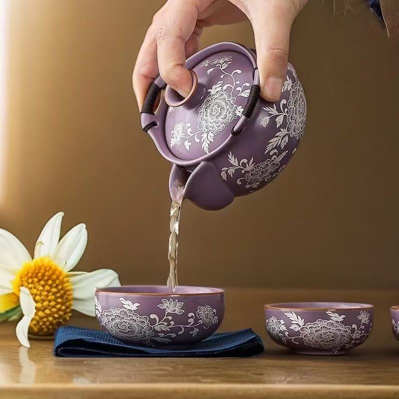 QD216紫汝鎏银牡丹缠枝莲快客杯一壶三杯家用办公室家用茶具套装