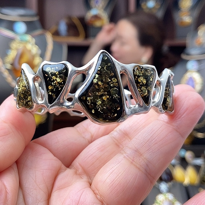 琥珀手镯银S925镶嵌手镯