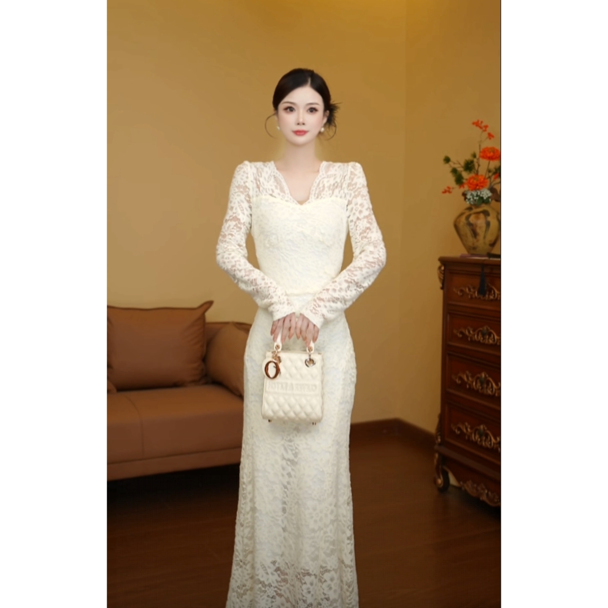 【利姐专属】【加绒加厚】v领蕾丝连衣裙25秋冬女装优雅裙子LJ0238