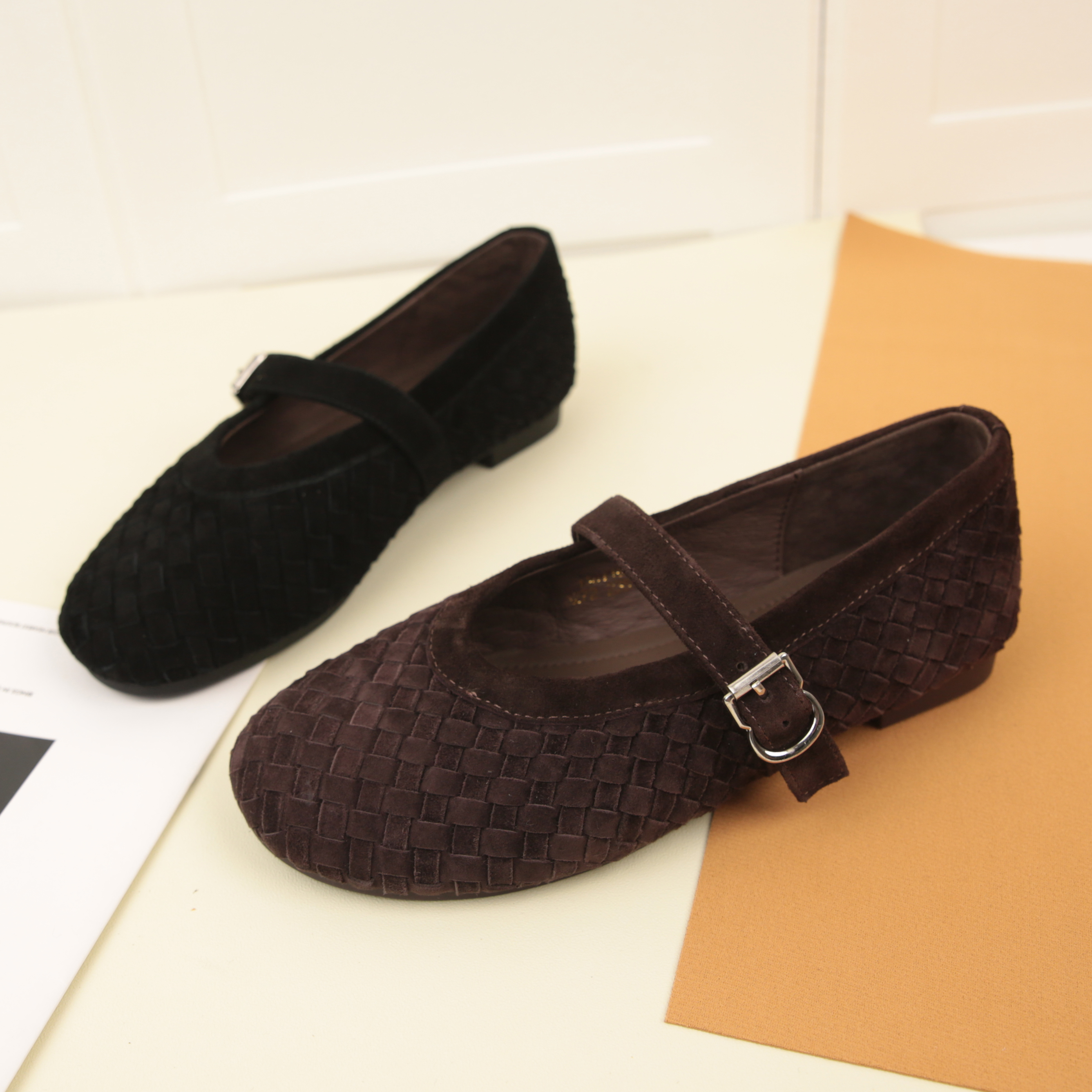 7538秋季新款圆头松紧一字带浅口玛丽珍女鞋编织复古舒适软底单鞋