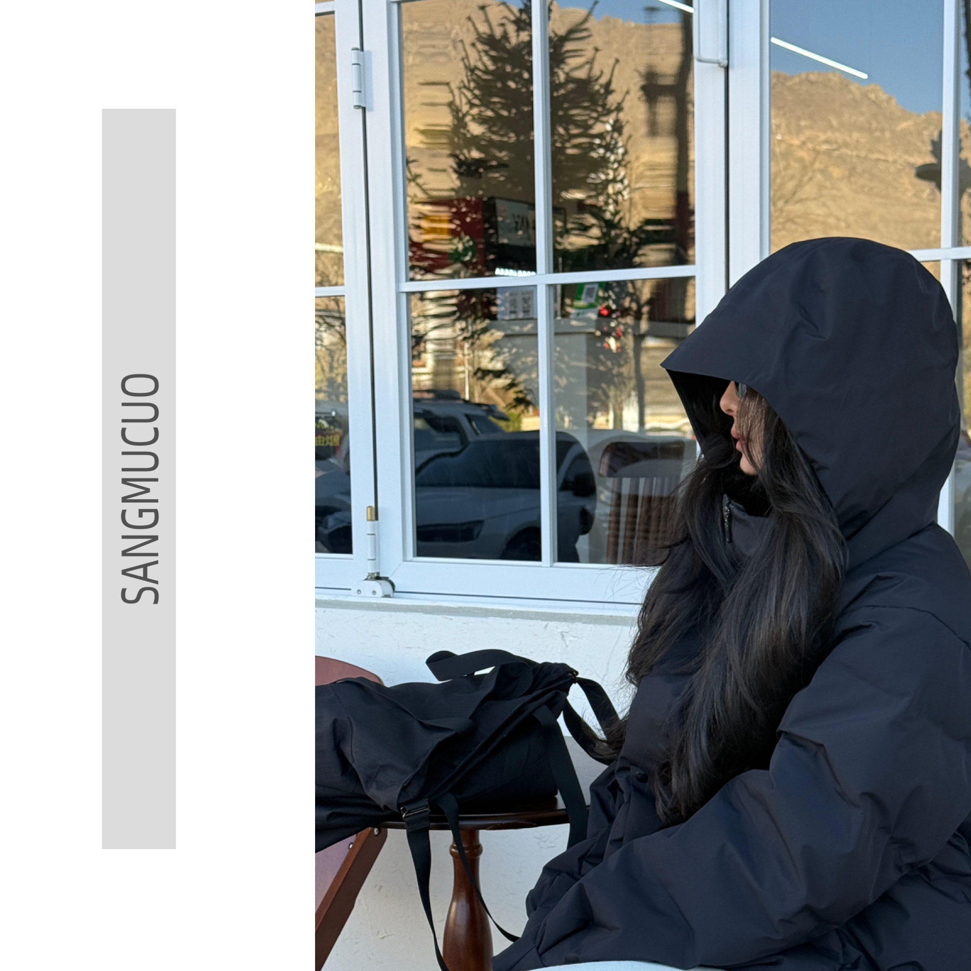 冬季【sangmucuo】新款连帽长款白鹅绒系带运动风外套