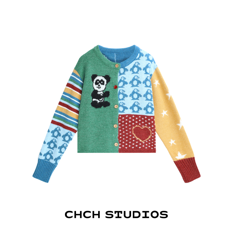 RAKS93507时尚高级百搭熊猫绣花毛针织衫女2025年秋冬新款上衣