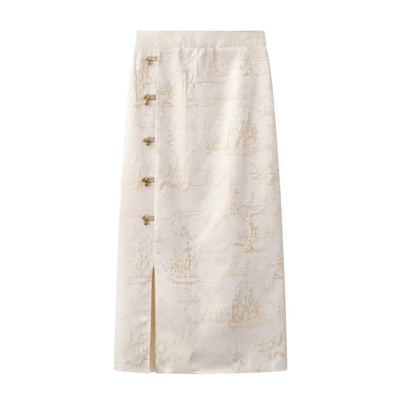 新中式国风缎面提花半身裙2025春季新款高级感高腰显瘦a字裙