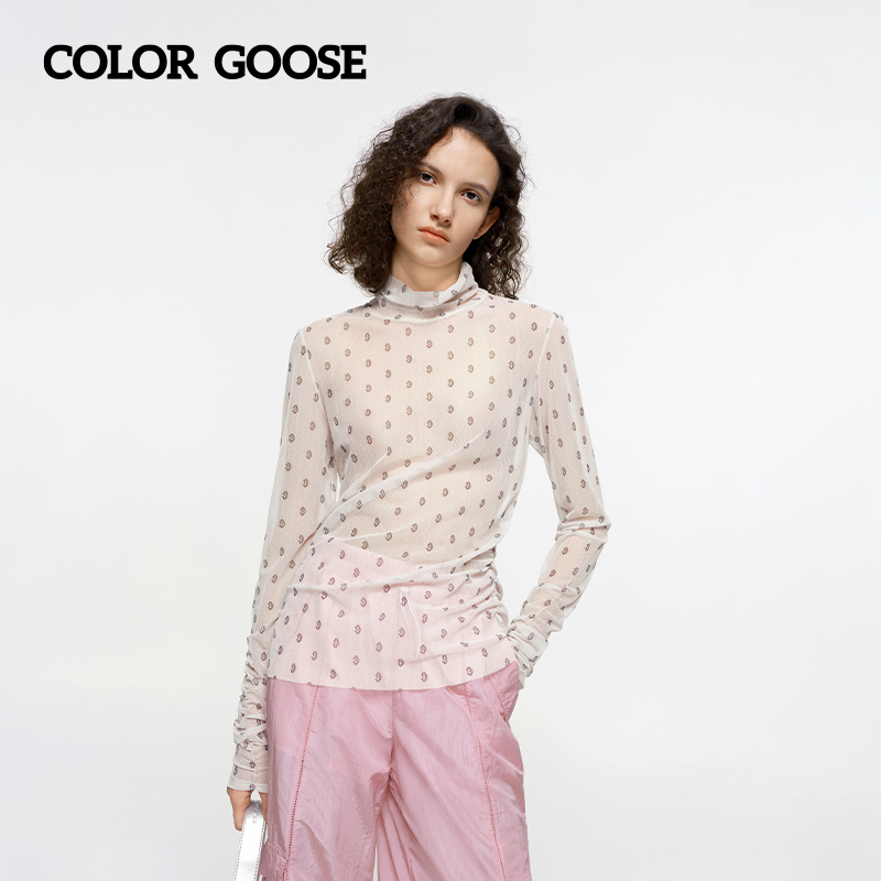 COLOR GOOSE 25春夏女士经典细腻爽滑印花网纱小高领打底套头衫