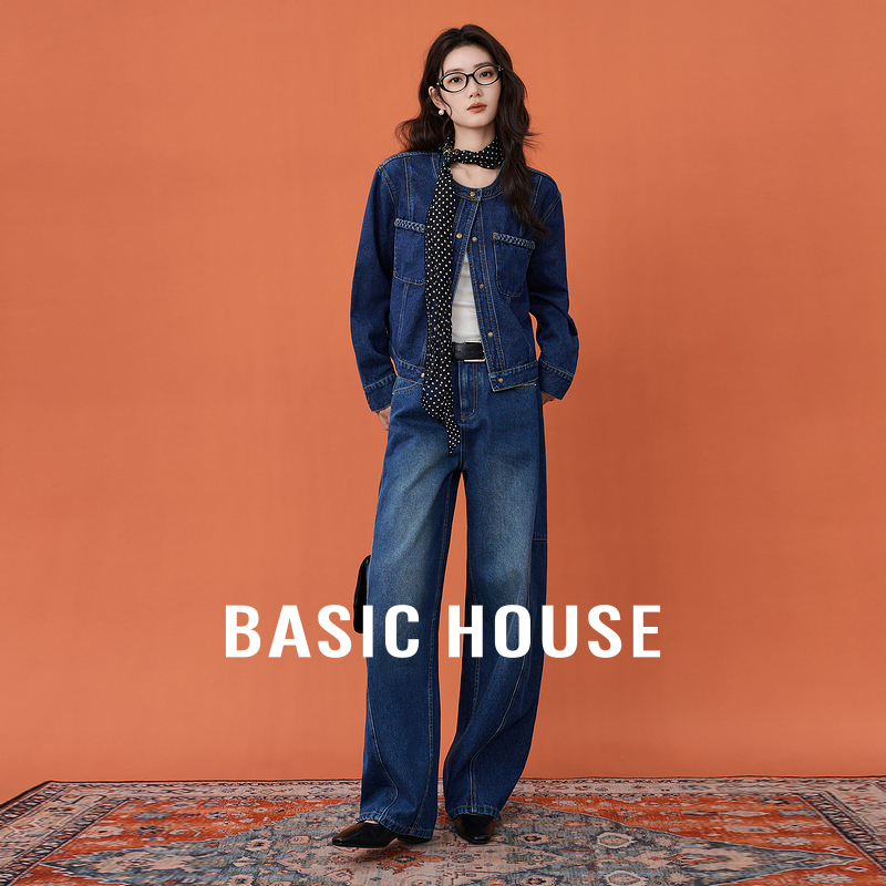 Basic House/百家好直筒宽松裤子女秋冬酷飒风高级感阔腿牛仔裤
