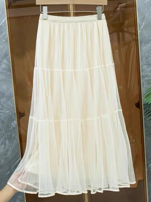 休闲秋冬H型显瘦新款A字高腰半身裙半裙米色中长款百搭拼接网纱裙