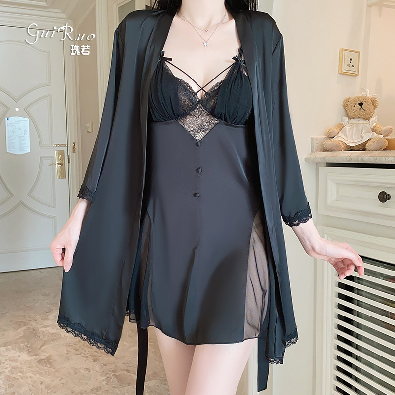 柔情【80-140斤】性感女睡衣火辣镂空透视蕾丝深V加胸垫缎面睡裙