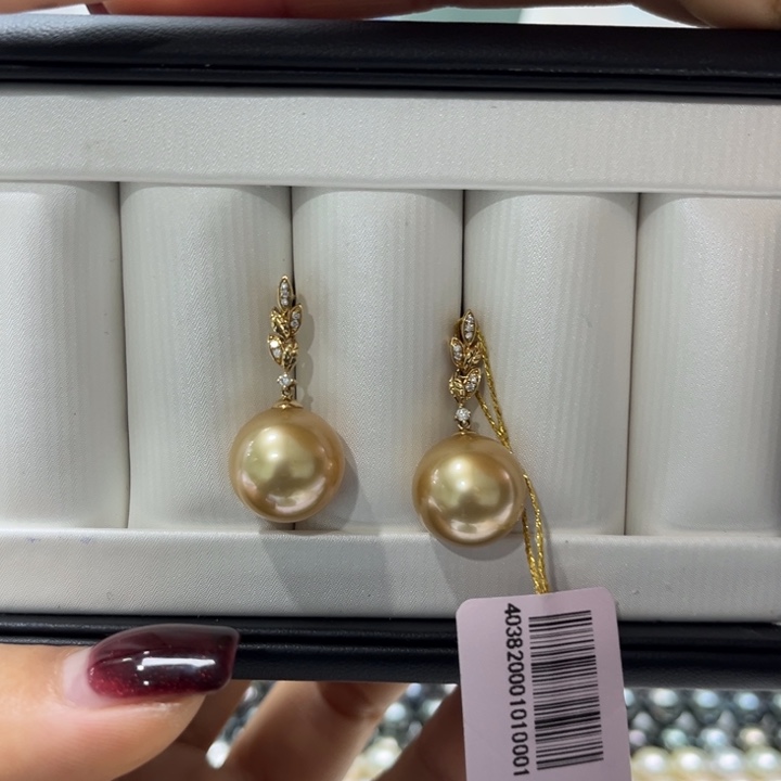 海水珍珠耳饰18K金镶嵌13-14mm
