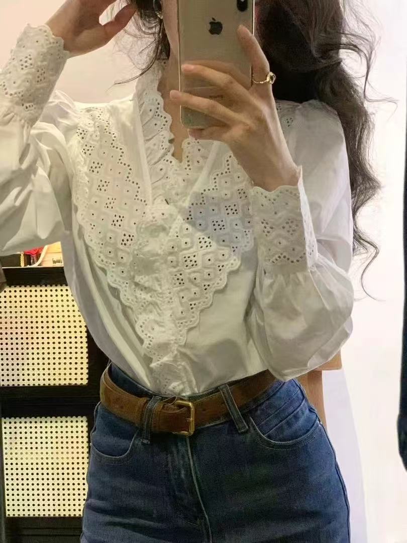 岛屿来信  【南法腔调】水溶刺绣镂空花边衬衫法师复古小众