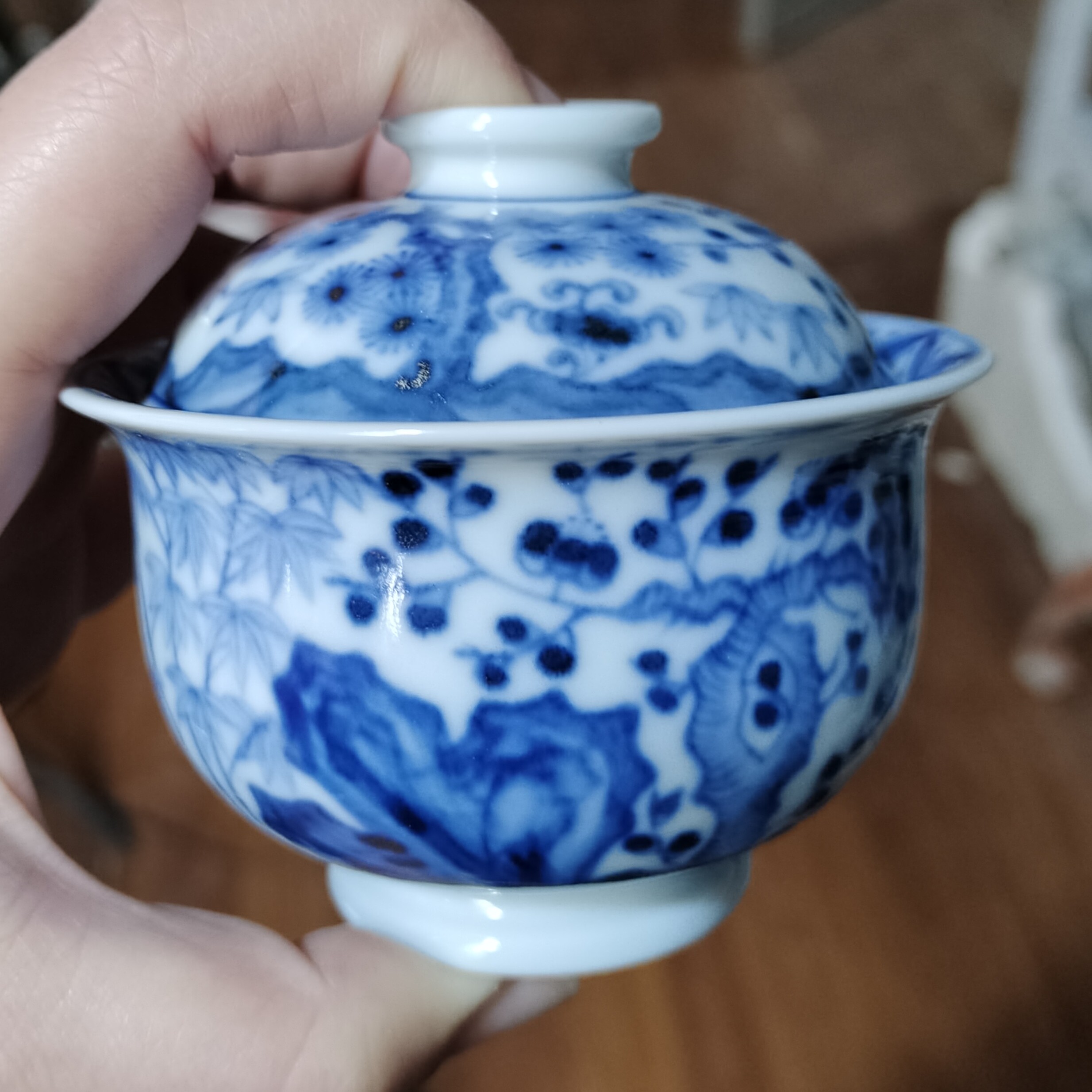 微瑕柴窑松竹梅小炉式盖碗开片