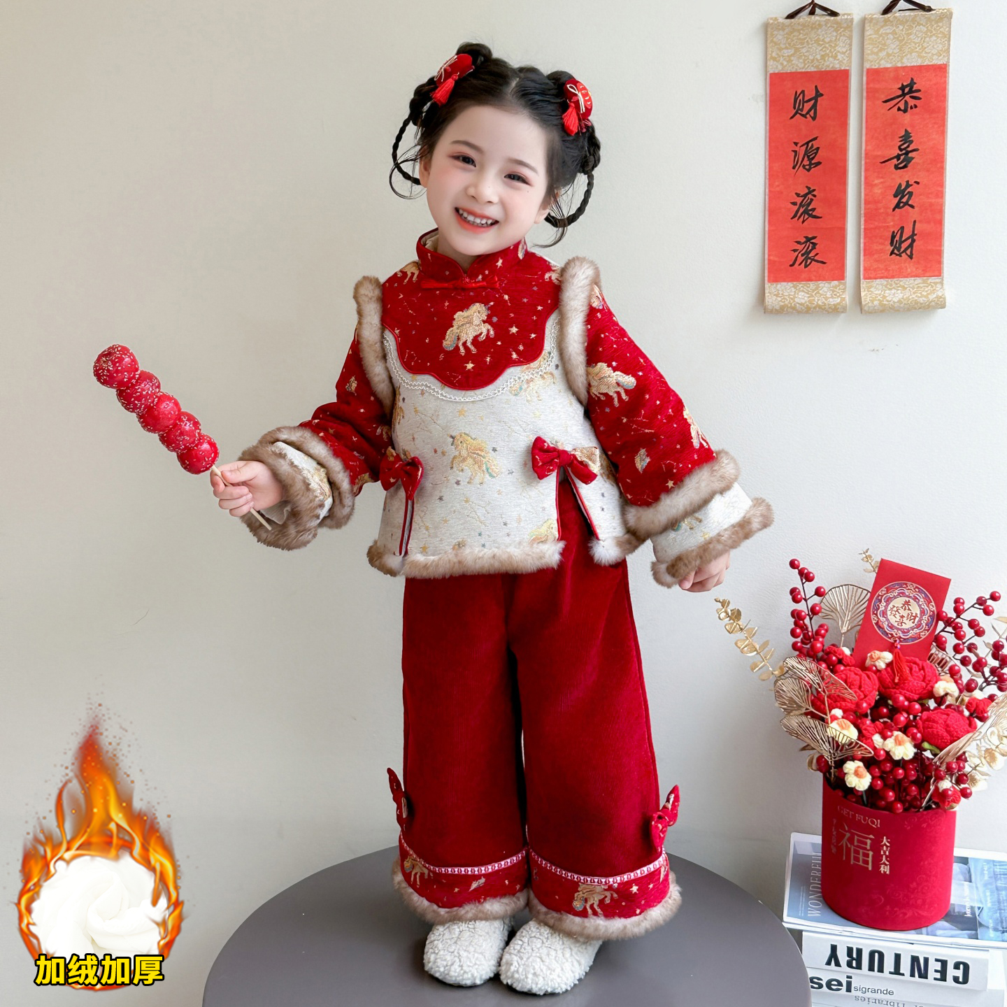 女童汉服拜年服2025新款冬装加厚女宝宝古风唐装儿童喜庆过年衣服