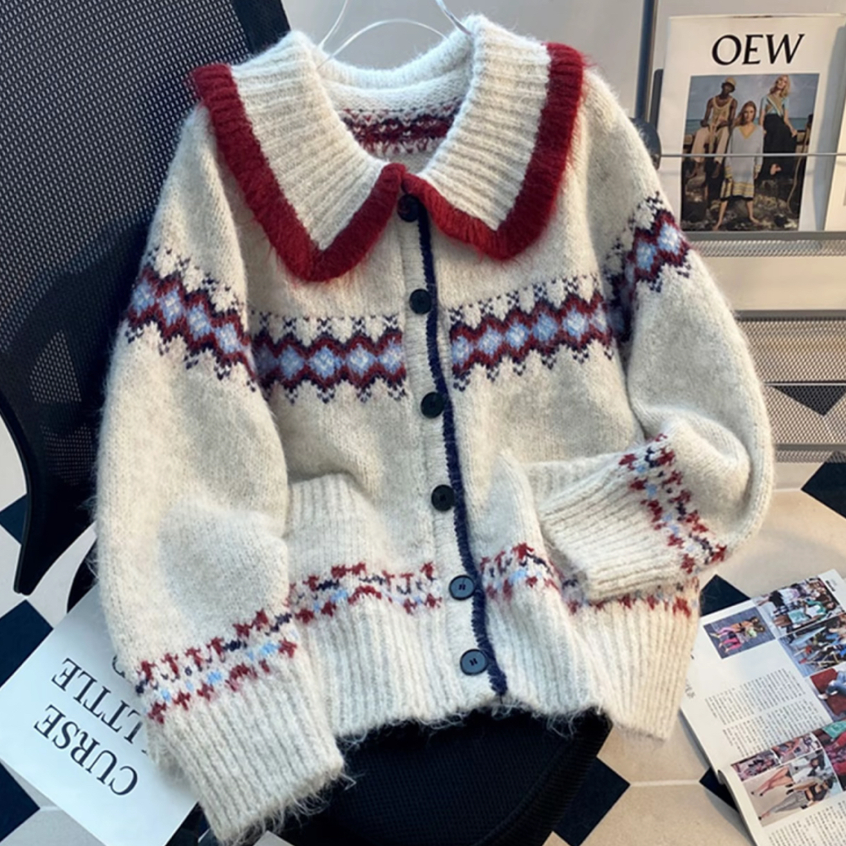 秋冬费尔岛氛围感慵懒风毛衣外套加厚上衣翻领开衫宽松女复古