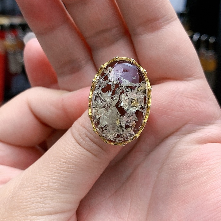 琥珀裸石银S925镶嵌戒指