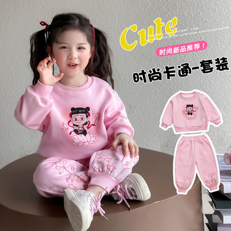 女童春季新款哪吒套装卡通可爱哪吒莲花卫衣休闲裤两件套